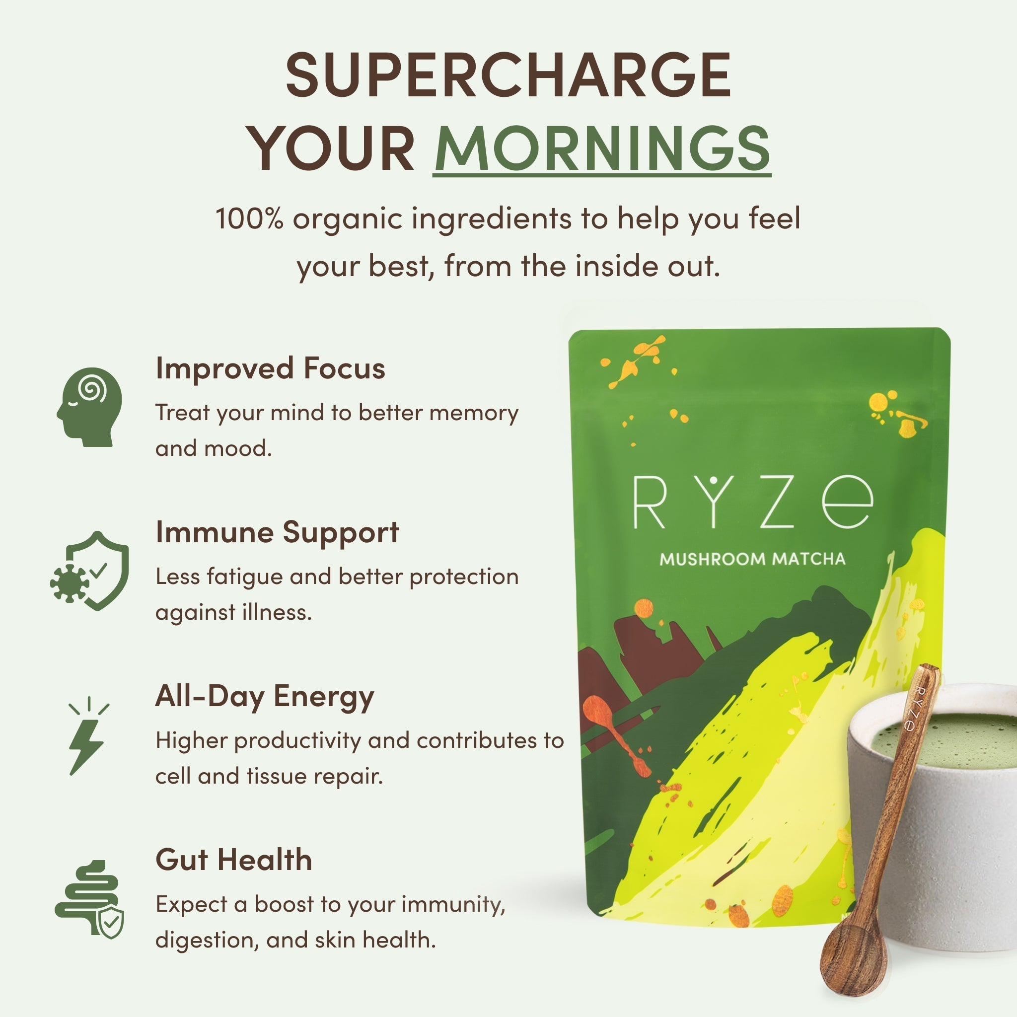 RYZE Mushroom Matcha — Organic Instant Matcha Latte with Lion's Mane & King Trumpet, 30 Servings W8