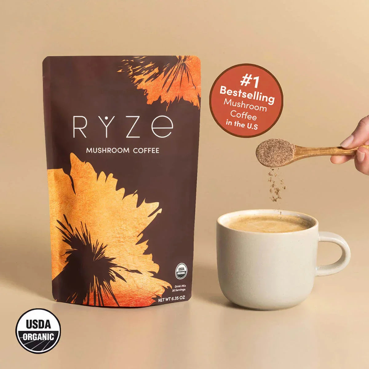 RYZE Mushroom Coffee — Organic Instant Coffee with Cordyceps & Reishi, 30 Servings L7