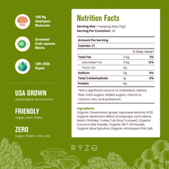 RYZE Mushroom Matcha - with 6 Organic Adaptogenic Mushrooms Grown In USA and Ceremonial-Grade Japanese Matcha G3